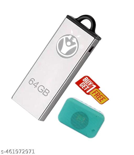 64 Gb Pendrive With Mini Portable Wireless Bluetooth Premium Speaker (Silver, Set of 2)
