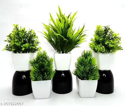 Set of 5 Green & White Potted Artificial Plants